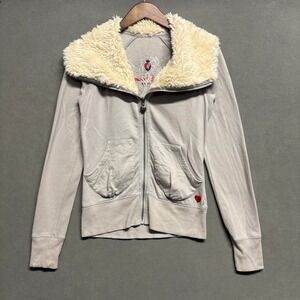 Twisted Heart Sherpa Collar Zip Hoodie Gray Embroidered Heart Full Zip